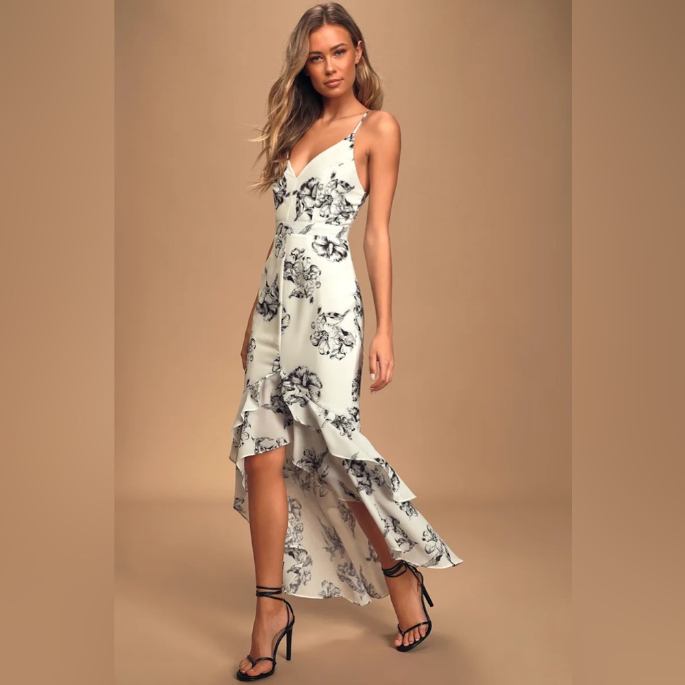 LULUS - Darling Daylily Black and White Floral Print High-Low Maxi Dress - NWT